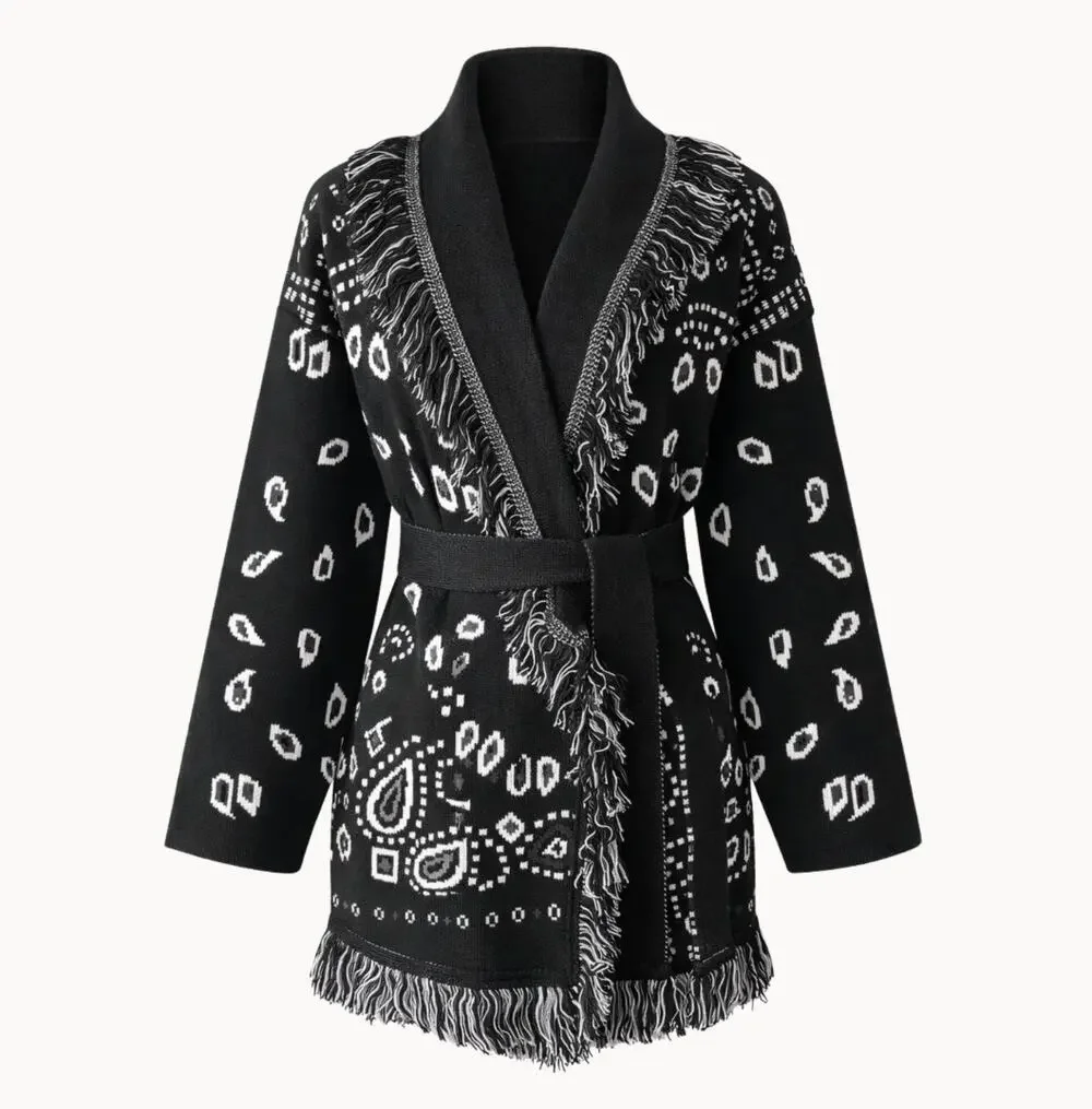Made in Italy | Black White Paisley Jacquard Knit Fringe Cardigan *no belt* S